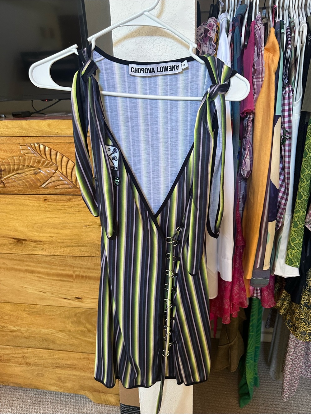 Chopova Lowena Striped Tie-Shoulder V-Neck Mini Dress in Black and Lime